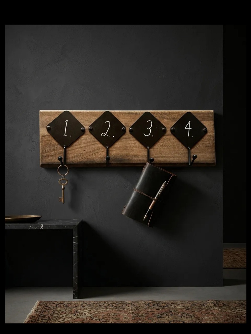 Rae Dunn Wood Wall Hook Rack with Black Numbered Plates 1-4